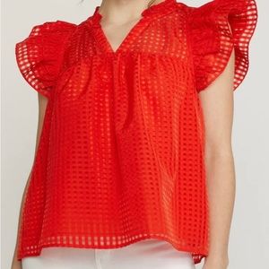 Boutique Red Sheer top w/ruffled sleeves